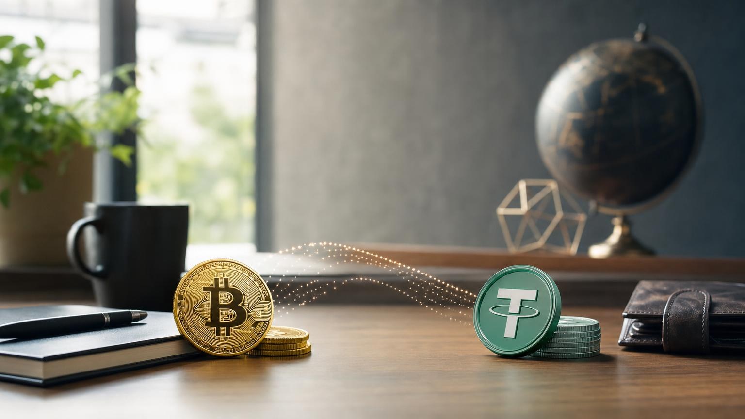 Écran de conversion de bitcoins en USDT avec vérification du taux, des frais, de l’adresse et du réseau de réception